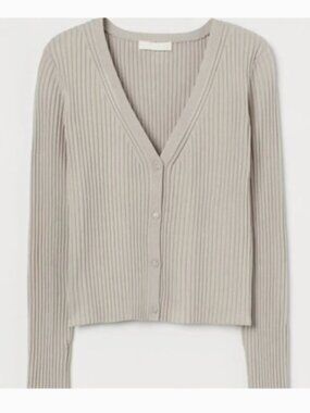 H&M Ribbed V-Neck Cardigan in Beige XL